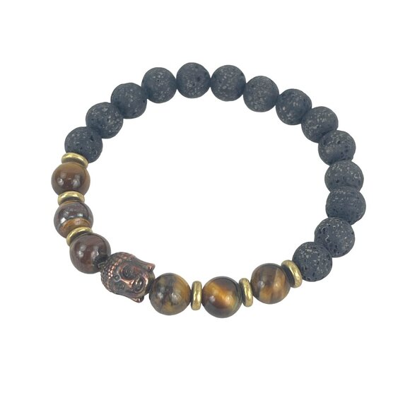 Buddha Copper Lava Rock and Tiger Eye Beaded Bracelet - Picture 3 of 7
